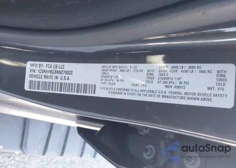 2022 Ram 1500 Big Horn 4X4 6'4 Box z USA, uszkodzony, nr VIN 1C6RRFBG8NN279032